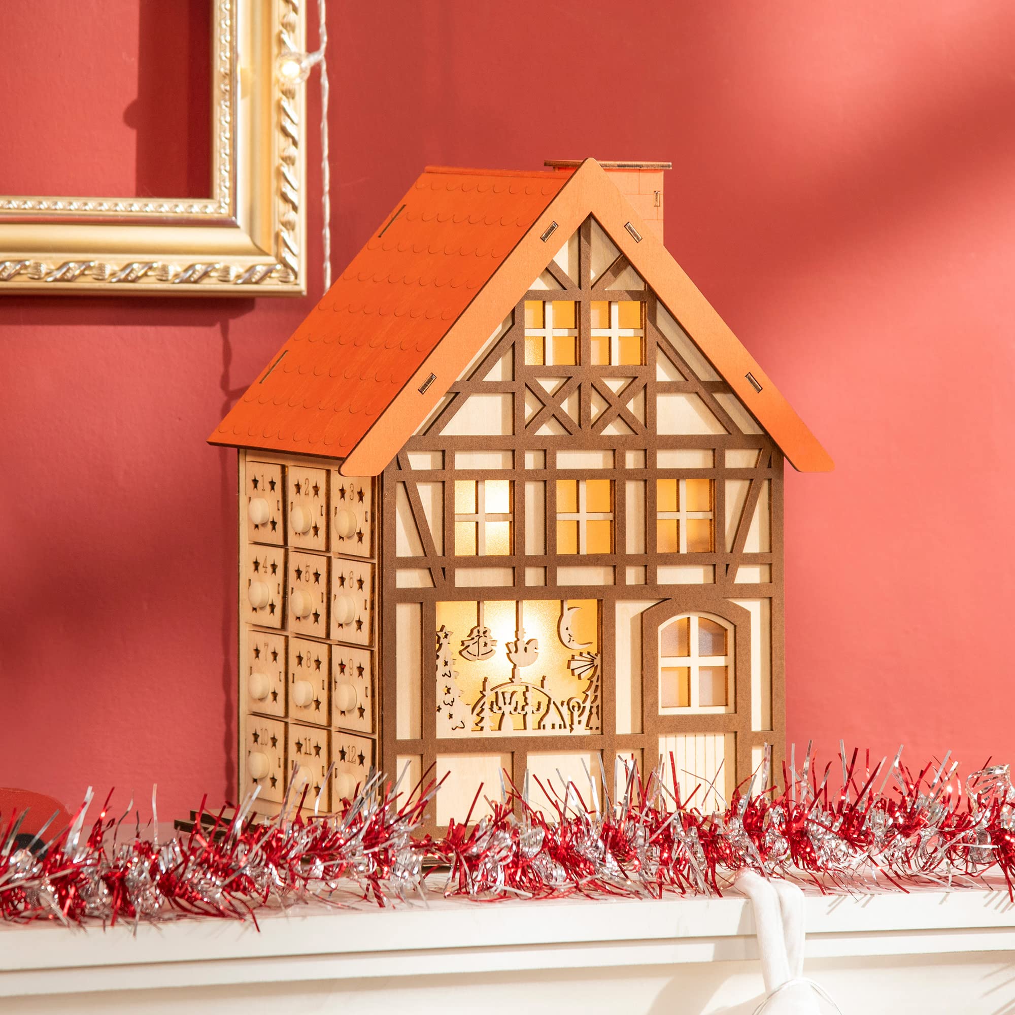 HOMCOM Wooden Christmas Advent Calendar House, Light Up Table Holiday Decoration with 24 Countdown Drawers and LED Lights, for K